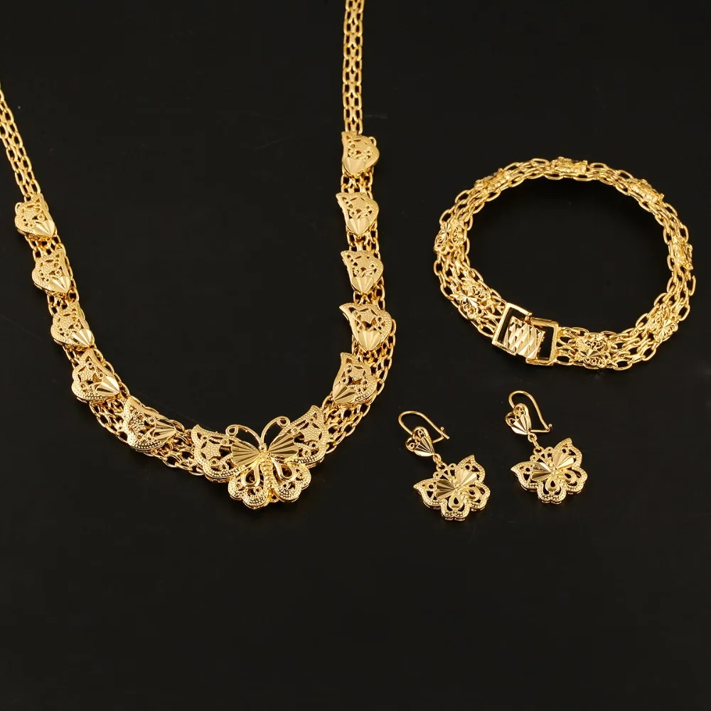 Ethiopian Wedding Jewelry Sets 24K Gold Color Butterfly Earring Bracelet Necklace Sets For Wedding Jewelry