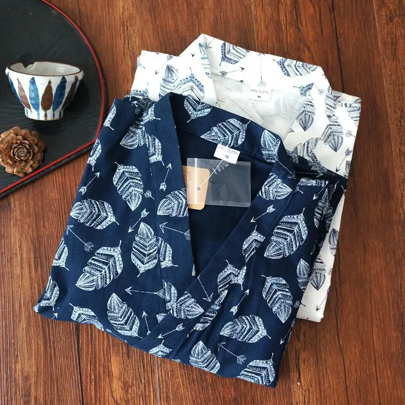 Bata de verano para hombre, Kimono holgado con hojas de gasa 100% algodón, cómodo, ropa de casa, albornoces nocturnos