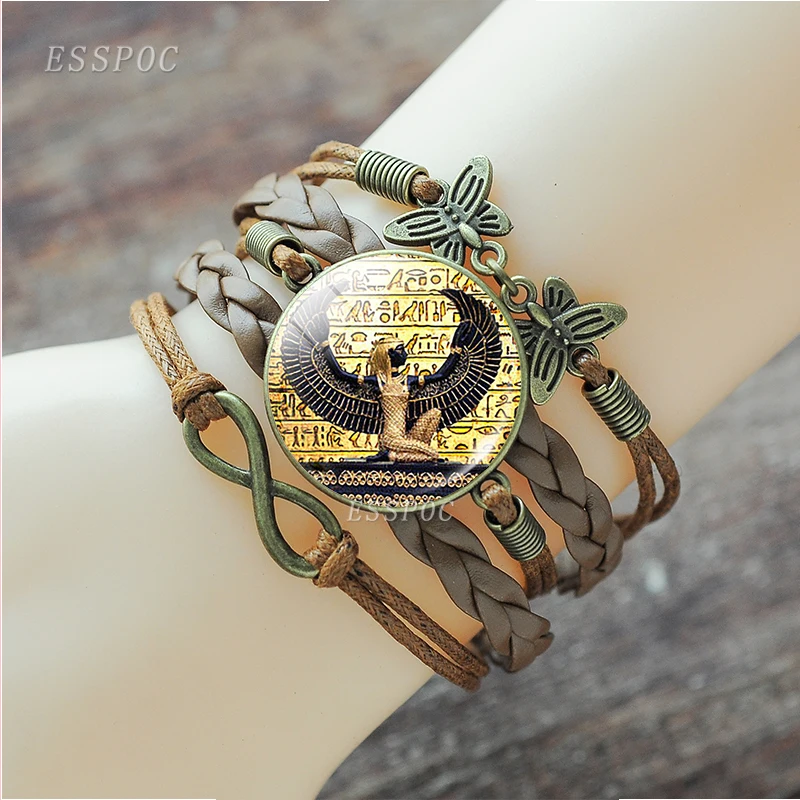 Egyptian Ankh Cross Bracelet Vintage Ancient Egypt Anubis Scarab Goddess Retro Brown Multilayer Leather Bracelet for Men Women