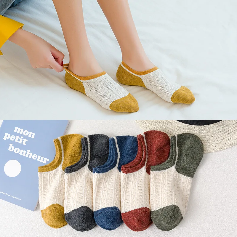 5 paires de chaussettes courtes en coton pour femmes, nouvelle collection été automne, jolies, Patchwork, chaussettes décontractées, 35-40