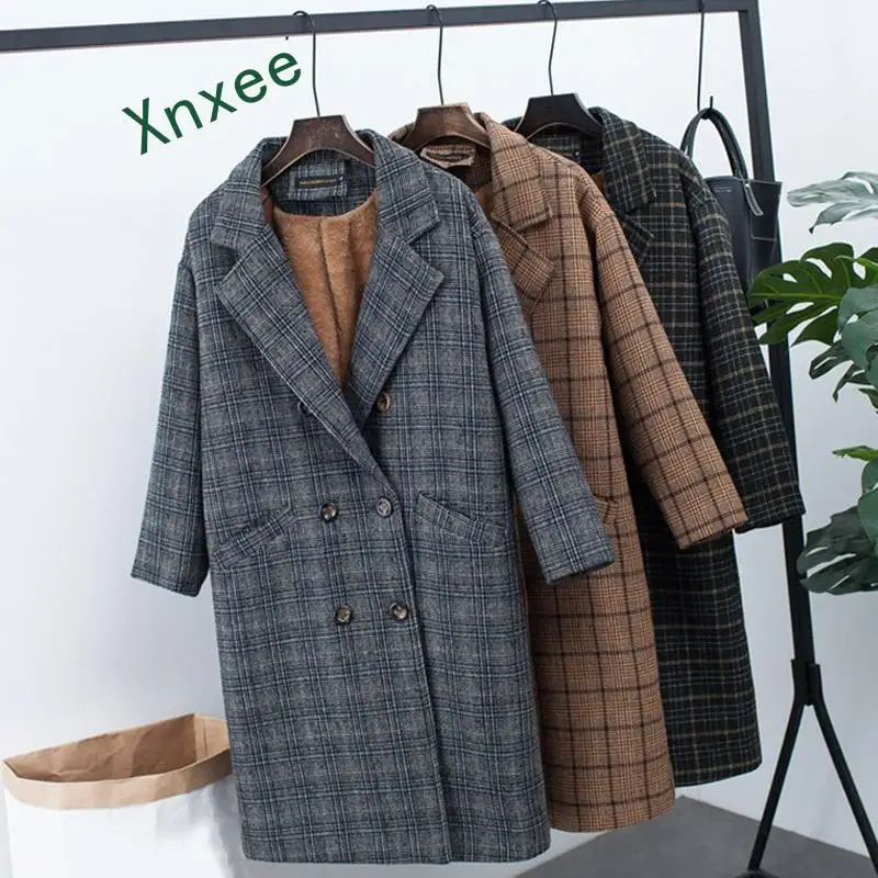 

Xnxee Plaid Woolen Fleece Notched Women Jacket Coat Long Velvet Thicken Office Lady Women Overcoat 2019 Autumn Winter Warm Coats