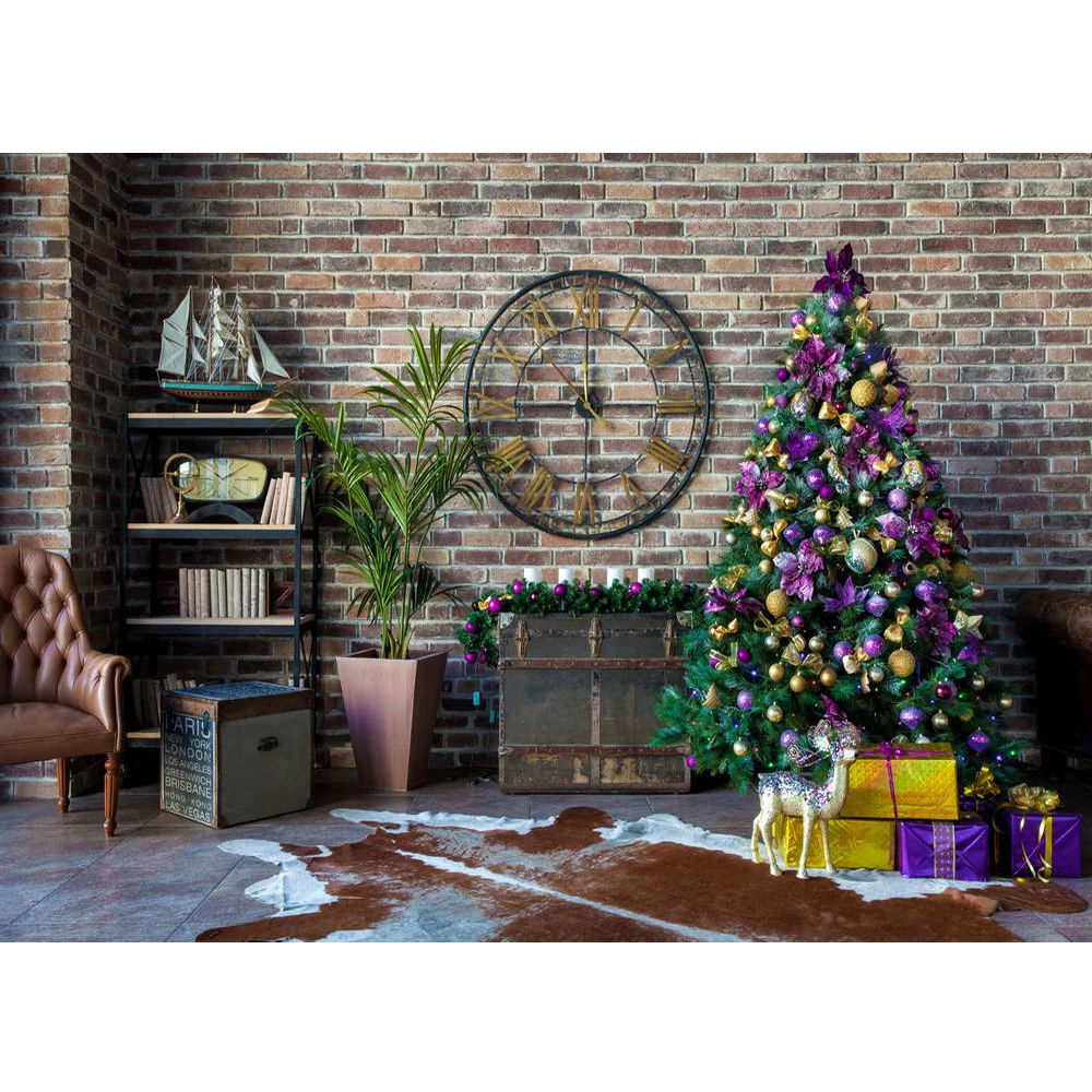 

Vintage Brick Wall Christmas Background Printed Present Boxes Xmas Tree Home Decoration Props Indoor Party Photo Booth Backdrop