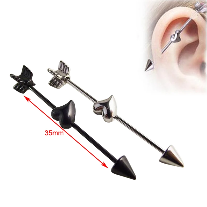 SaYao 1pcs New Surgical Stainless Steel 1.2*35*5/6mm Spike Arrow 16G Industrial Barbell Piercing Heart Love Ear Piercing Jewelry