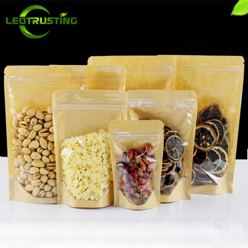 50PCS Clear Front Kraft Paper Zipper Storage Bag DIY Food Beaf Snack Candy Powder Coffee Cereals Spice Gift Packaging Pouches