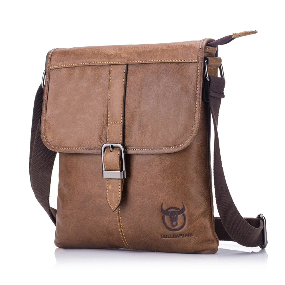 Bolso de hombro de cuero genuino para hombre, bandolera con solapa de moda, marca famosa