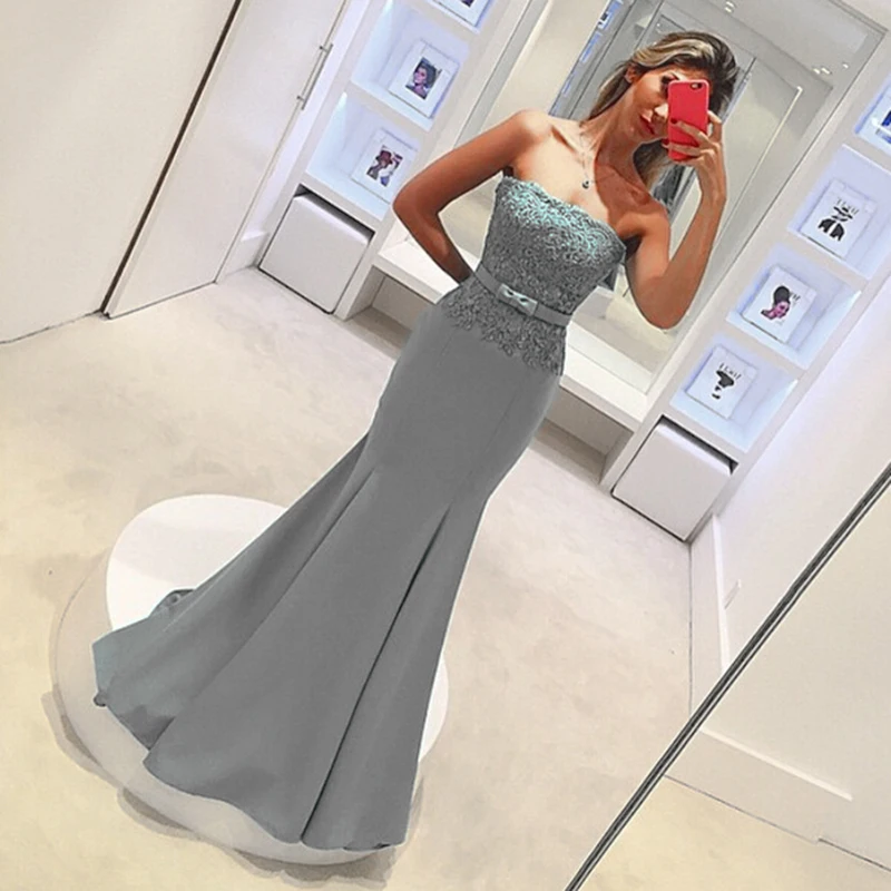 2019 Nieuwe Grijs Mermaid Formele Bruidsmeisje Jurk Goedkope Strapless Lace Lange Maid Of Honor Gown Plus Size Custom Made