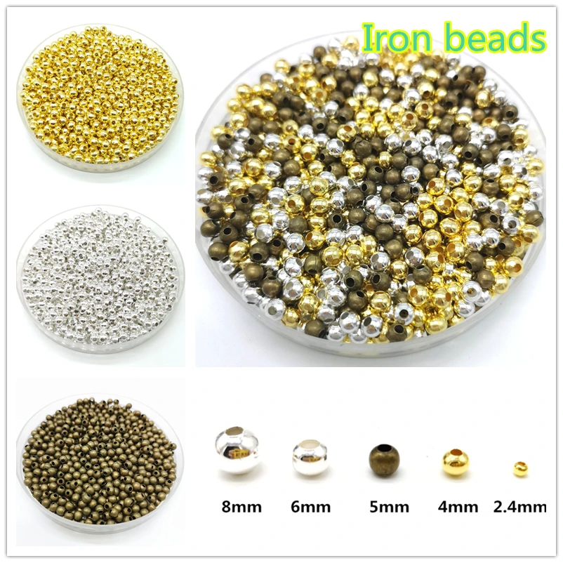 Five Sizes Gold Color Silvery Bronze Iron Metal Beads Jewelry Findings Diy Smooth Ball Spacer