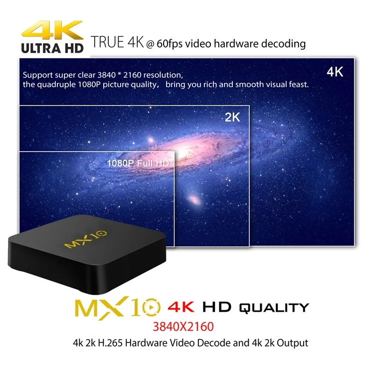 Boîtier TV MX10 Android 8.1, 4 Go/32 Go, DDR3, 64 bits, lecteur multimédia connecté avec WiFi 2.4 GHz, processeur Core 3D, 4K/HDR