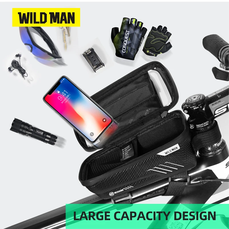 WILD MAN E2 Bicycle Bag Rainproof MTB Road Bike 6.2inch Mobile Phone Case Touch Screen Top Tube Bag Hard Shell Accessories