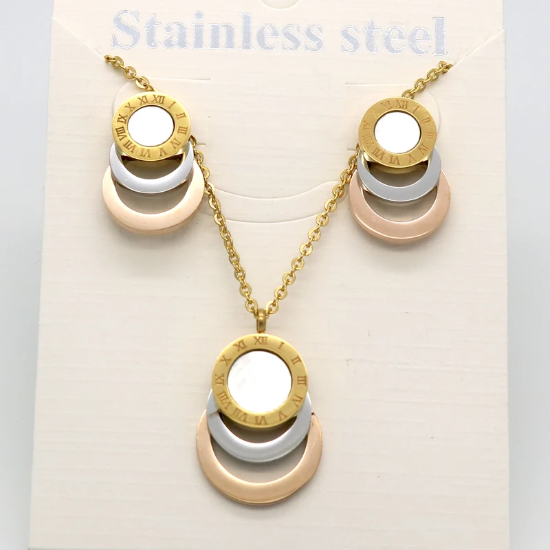 Consist 3 Colour Stainless Steel Jewelry Stes Brand Women Earrings & Necklace Jewelry Set For Female