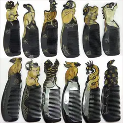 L001 Natural Black Buffalo Carved Chinese 12 Zodian Animals Comb Heathy Gift Combs 12pcs set free ship