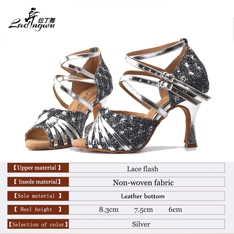 Ladingwu koronki Flash i srebrne PU damskie buty na wysokim obcasie buty Ballroom Party Tango Salsa Latin Dance buty pięty 6/7. 5/8. 3cm