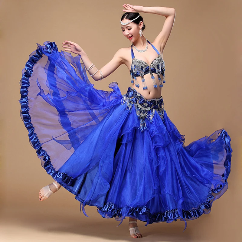 2019 New Women Dancewear Professional 3pcs Outfit  Plus Size Cup C/D Bra Belt Skirt Long Oriental Beaded Belly Dance Costume