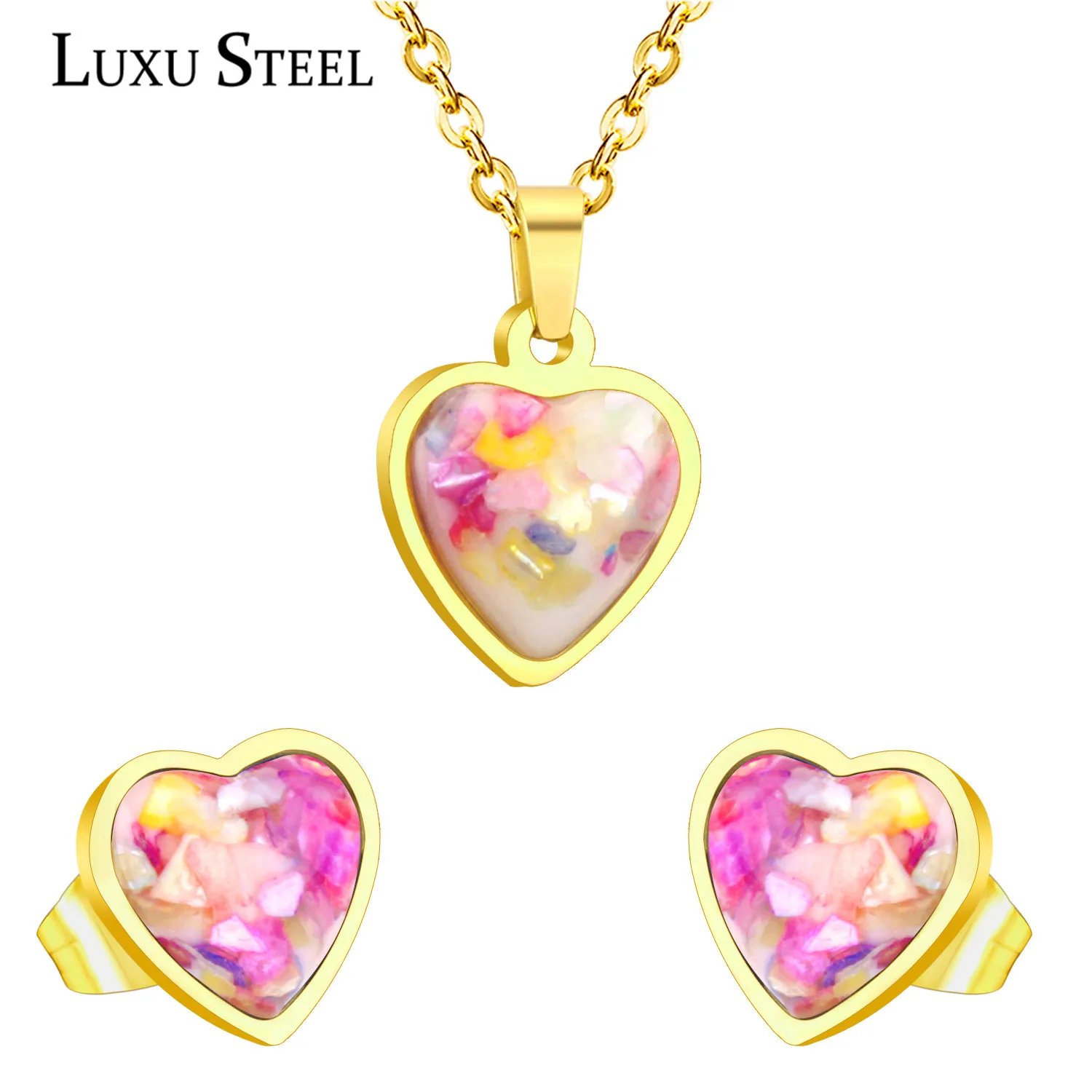 LUXUSTEEL Hot Sale Enamel Heart Shape Pendant Necklace Stainless Steel Jewelry Sets 2020 Collars Choker Accessories Party