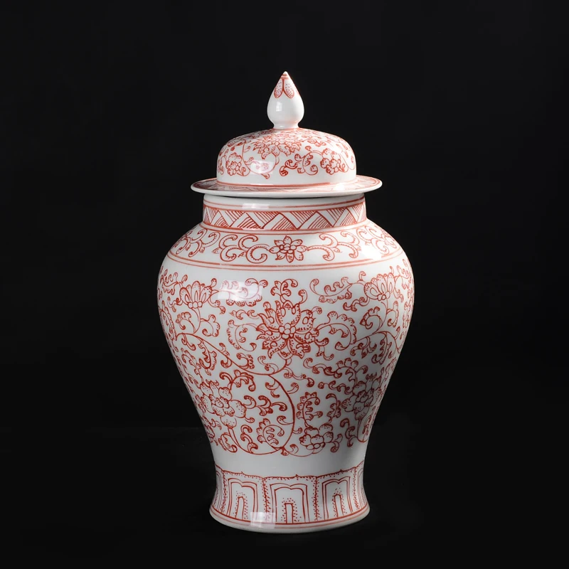 

Ceramics Ginger Jar Ming Dynasty Handpainting Handmade AntiqueVase With Underglaze Red Lotus Elegant and Beautiful Treasure