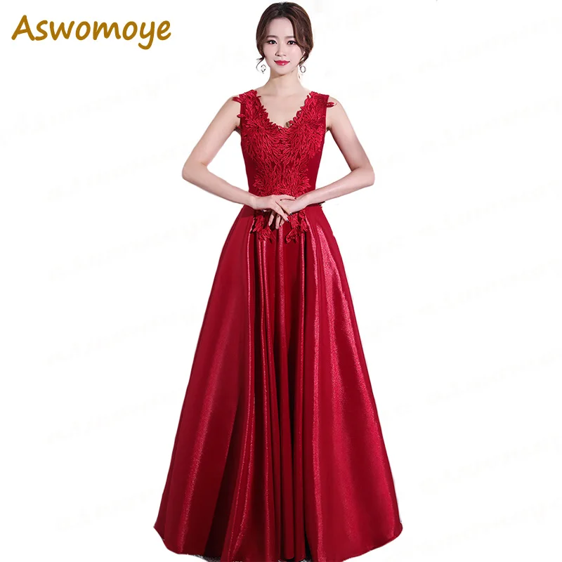 

Elegant Long Evening Dress 2018 New A-Line Appliques Flower Prom Dress Satin Formal Party Dress Sleeveless Vestido de festa