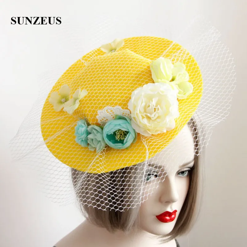 Bright Yellow Hats for Girls Flowers High Quality Wedding Hair Accessories White Tulle Face Veil Holloween Party Hats  SH10