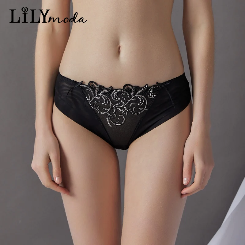 Summer Women Seamless Briefs Mid Waist Sexy Underwear Transparent Flowers Embroidery Panties Breathable Ladies Cozy Lingerie