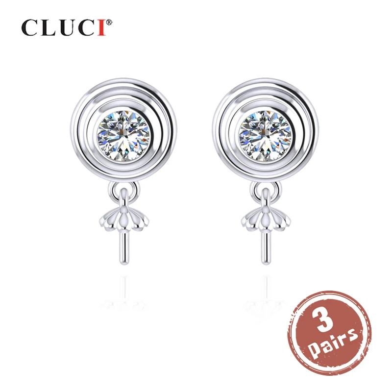 

CLUCI 3 pair 925 Sterling Silver Stud Earrings for Women Jewelry Pearl Earrings Mounting Zircon Silver 925 Earrings SE101SB