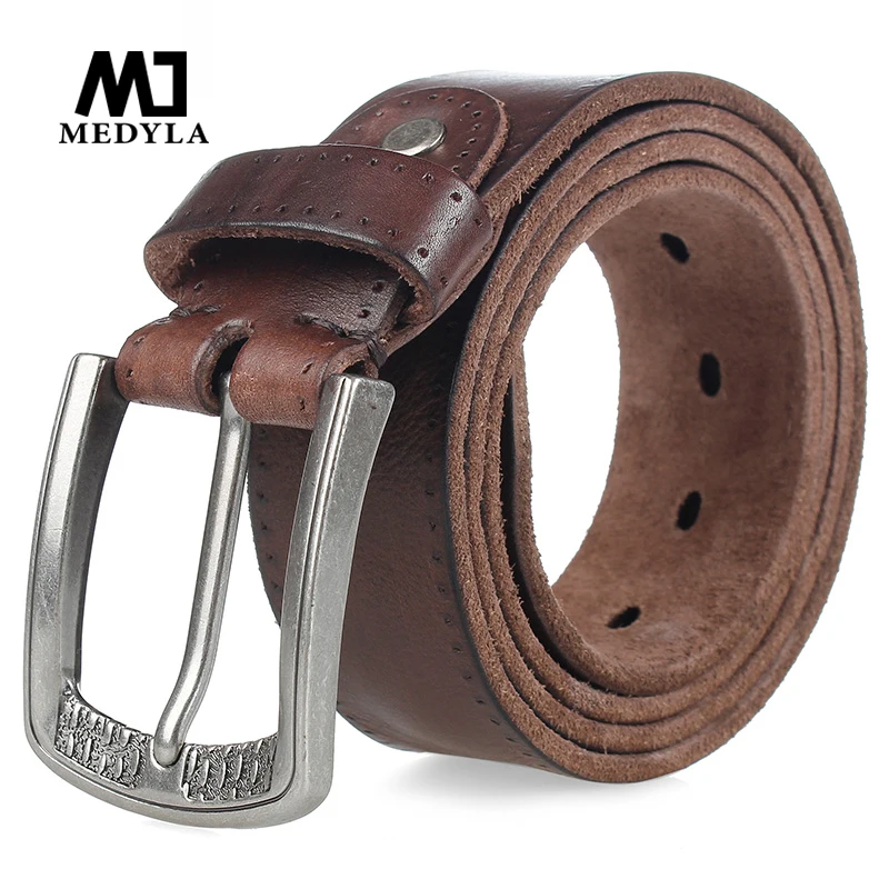 MEDYLA – ceinture en cuir véritable pour hommes, marque à la mode, boucle en alliage de haute qualité, rétro marron, longues de 105cm à 150cm