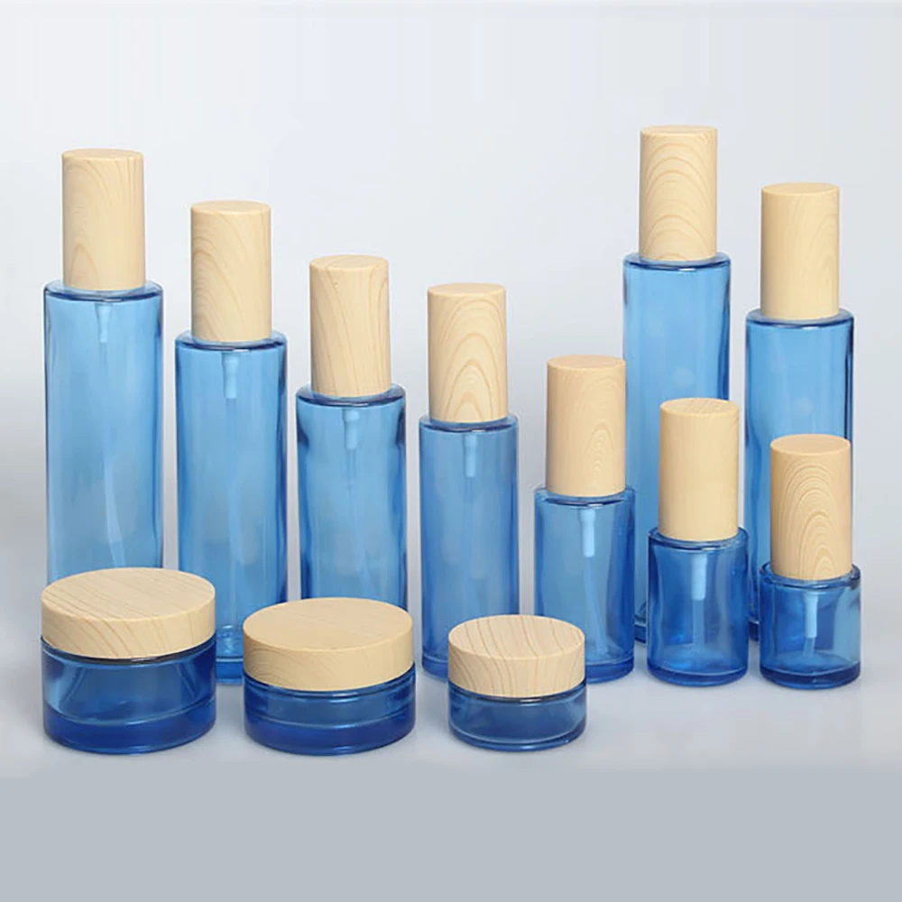 

20G blue glass bottle wooden shape lid for night cream cosmetic packing glass jar in stock