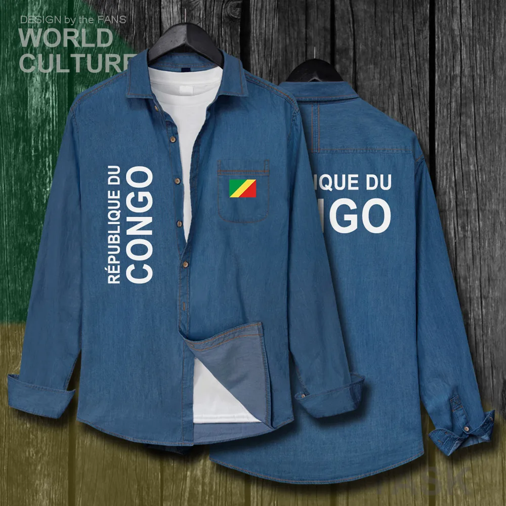 

Congo Republic COG Congolese Men clothes Spring Autumn Turn-down Collar Jeans Shirt Long Sleeve Cowboy Coat Flags fashion Tops