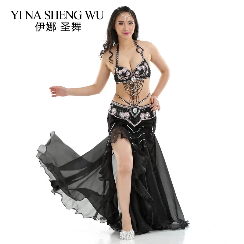 3pcs Set Adult Belly Dance Performance Costumes Flannel Split Skirt Oriental Dance Performance Clothing Bra Belt Skirt Dance Set