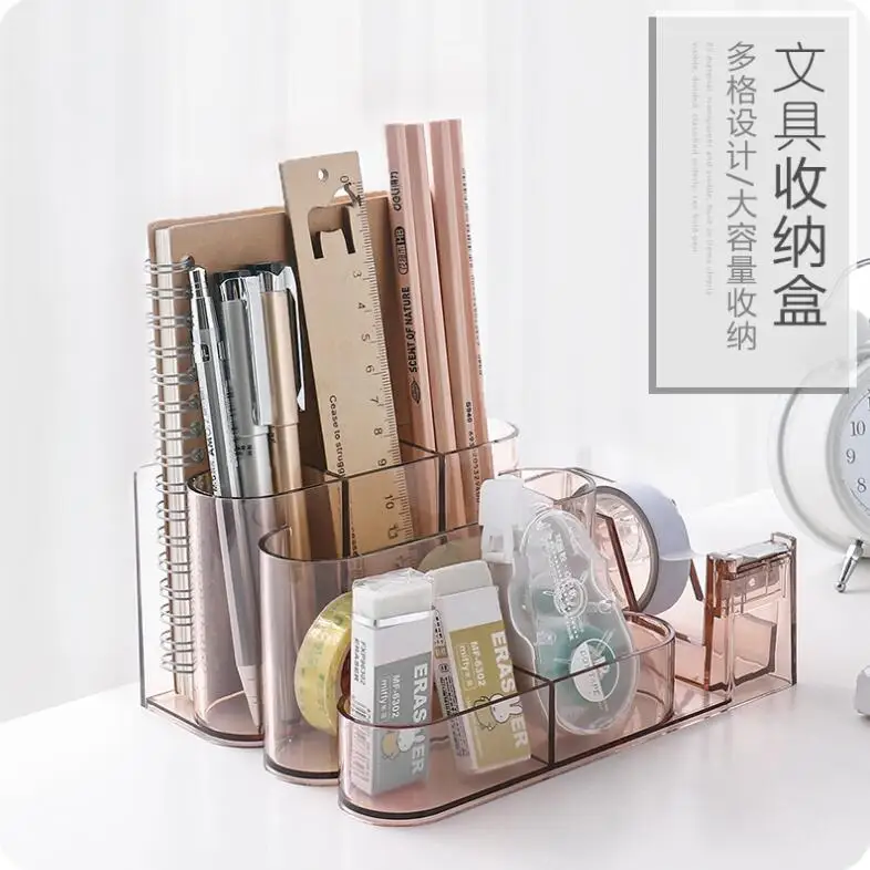 Transparent Stationery Storage Box Creative Desk Organizer Plastic Compartment Pen Holder Office Accessories