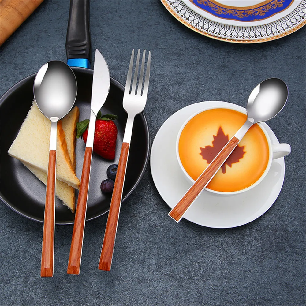 

304 Stainless Steel Glossy Tableware Set Wood Marble Pattern Silver Dinnerware Sets Portable Food Knife Fork Teaspoon 4PCS