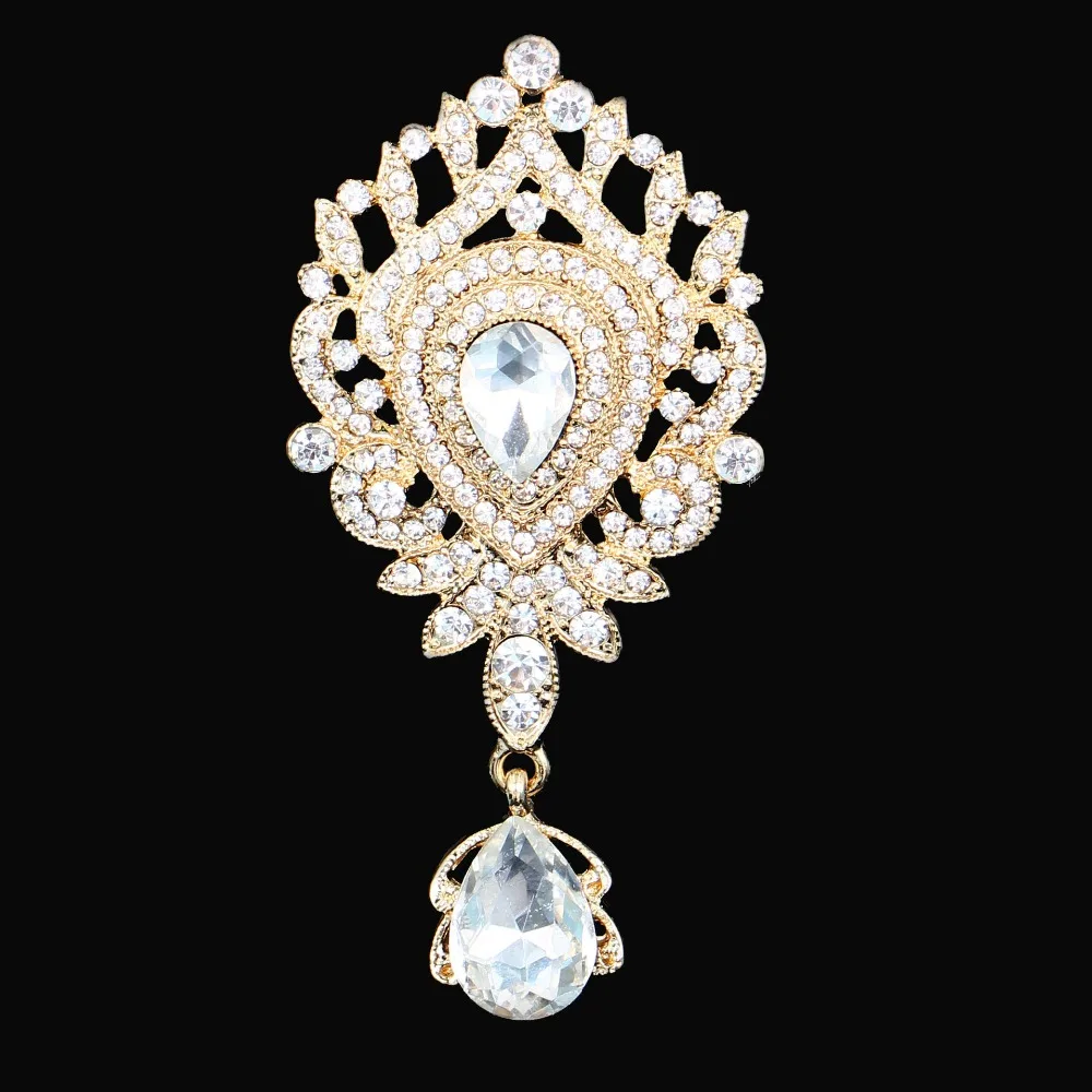 DIEZI Luxury Gold Silver Color Crystal Flower Bridal Brooches for Wedding Women Party Rhinestone Bouquet Water Drop Brooch pins