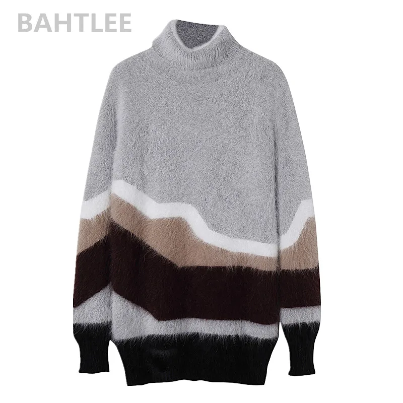 BAHTLEE-pullover lavorati a maglia a collo alto Angora da donna, maglione di lana, Design a foro, maniche lunghe, tenere al caldo, sciolto, inverno