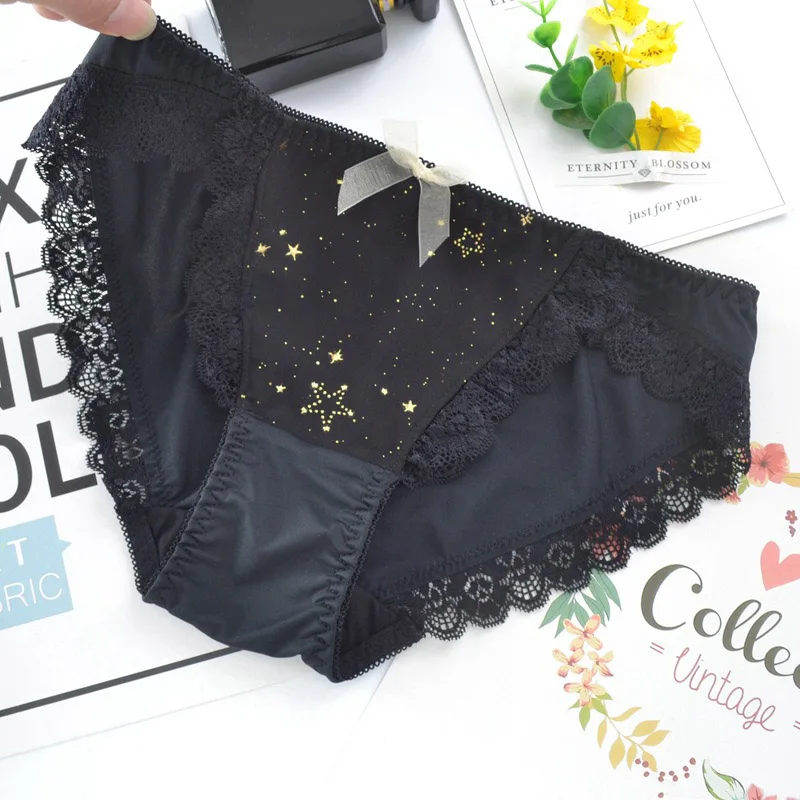 New Hot Stamping Star Cute Lovely Sweety Women Underwear Milk Silk Low Waist Seamless Lady Panties Lace Ruffle Bow Girl Breifs