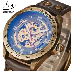 Retro Mechanical Watches Men Antique Bronze Skeleton Automatic Steampunk Leather Wristwatches Clock Male Relogio Masculino 2020