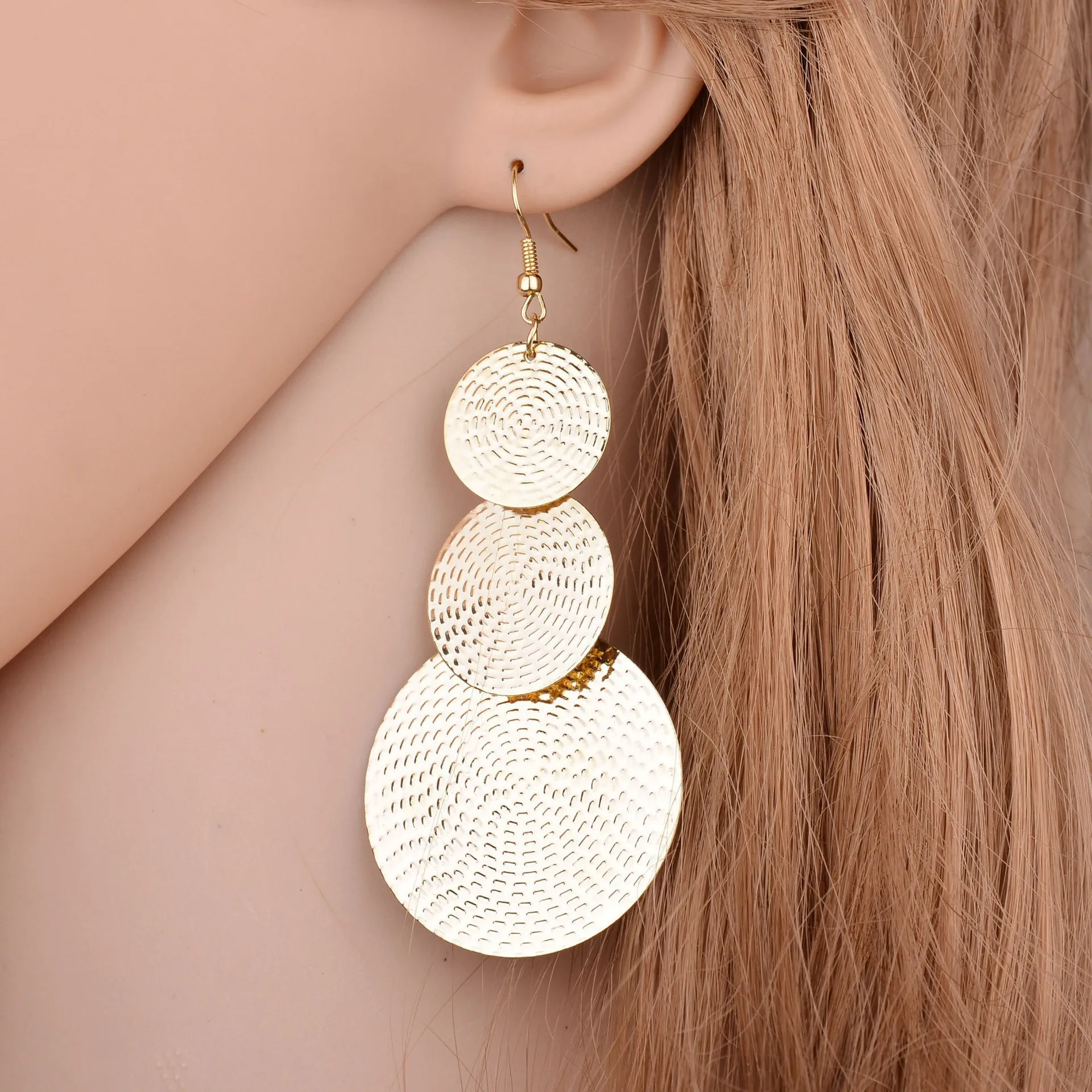 Women Fashion Exaggerated Three Layers Round Pendant Dangle Hook Earrings earings fashion jewelry 2018