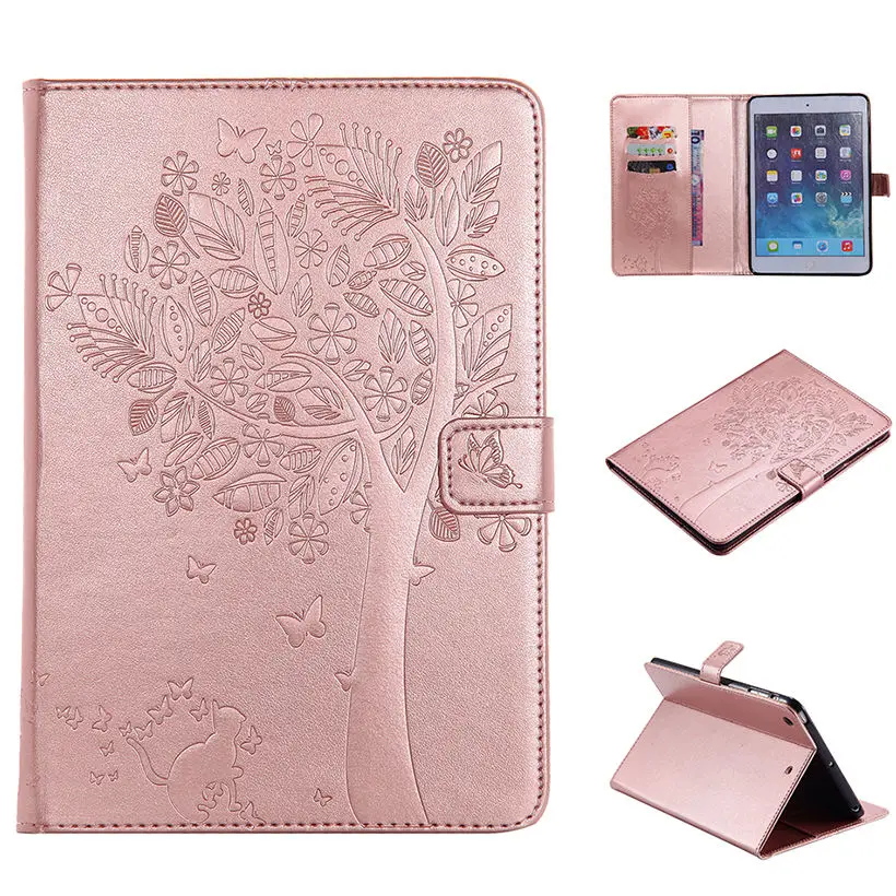 For Funda iPad Mini 1/2/3 Case Cover Cat Tree Embossed PU Leather Wallet Stand Case with Auto Wake/Sleep Smart Cover Skin Shell