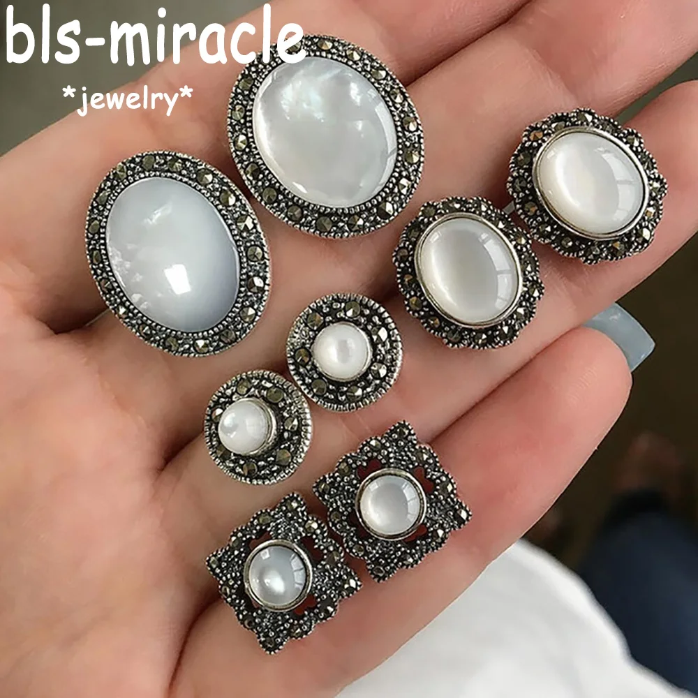 Bls-miracle Vintage Water Crystal Earrings Set Woman Black Stone Antique Silver Color Geometric Round Stud Earring Gift Jewelry