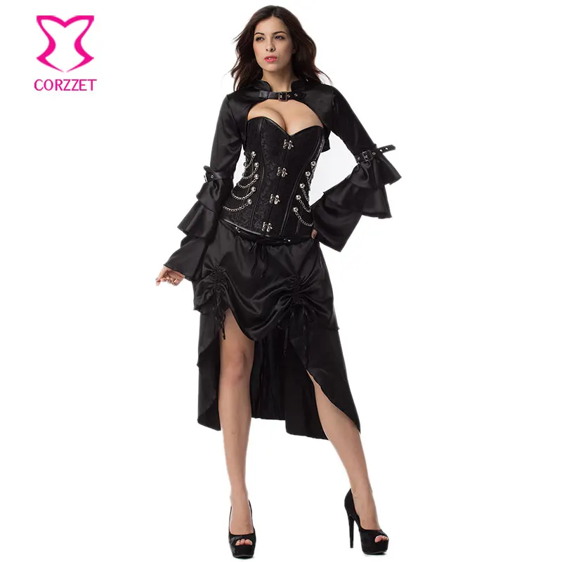 

3-Pieces Punk Gothic Corset Jacket Skirt Sexy Black Set Burlesque Outfits Steampunk Couture Korsett For Women Corsets Steel Bone