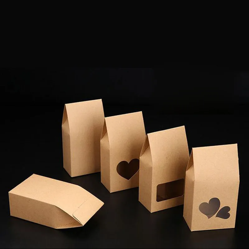 500pcs/lot 16*8cm Cookies Nuts Gift Packaging Bags Stand Up Kraft Paper Boxes With Heart Shape Clear Window Pocket ZA4018