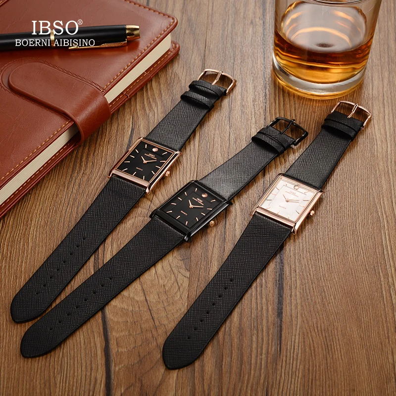 IBSO Jam Tangan Kuarsa Dial Persegi Panjang Ultratipis 7MM Jam Tangan Tali Kulit Asli Hitam Jam Tangan Kuarsa Pria Bisnis Klasik