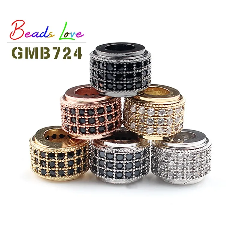 3pcs/lot Fashion Metal Brass Micro Pave Crystal CZ Cylinder Round Spacer Beads for Men Bracelet Making DIY Jewelry Accessories