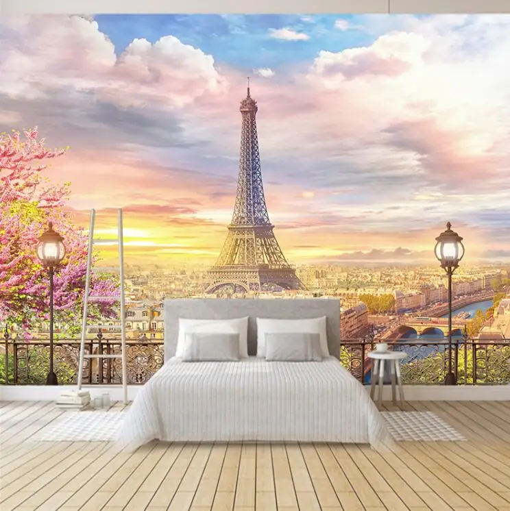 Custom Photo Wallpaper 3D  Mural Modern City Eiffel Tower Flowers Perspective  Paper HD Painting for Living Room