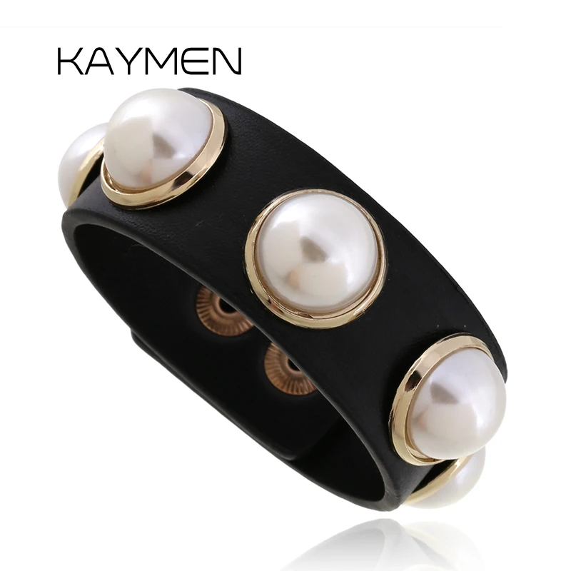 KAYMEN New Arrival Punk Style Imitaiton Leather Pearl Bracelet for Girls Nice 2 Color Statement Bangle Punk Jewelry Wholesale