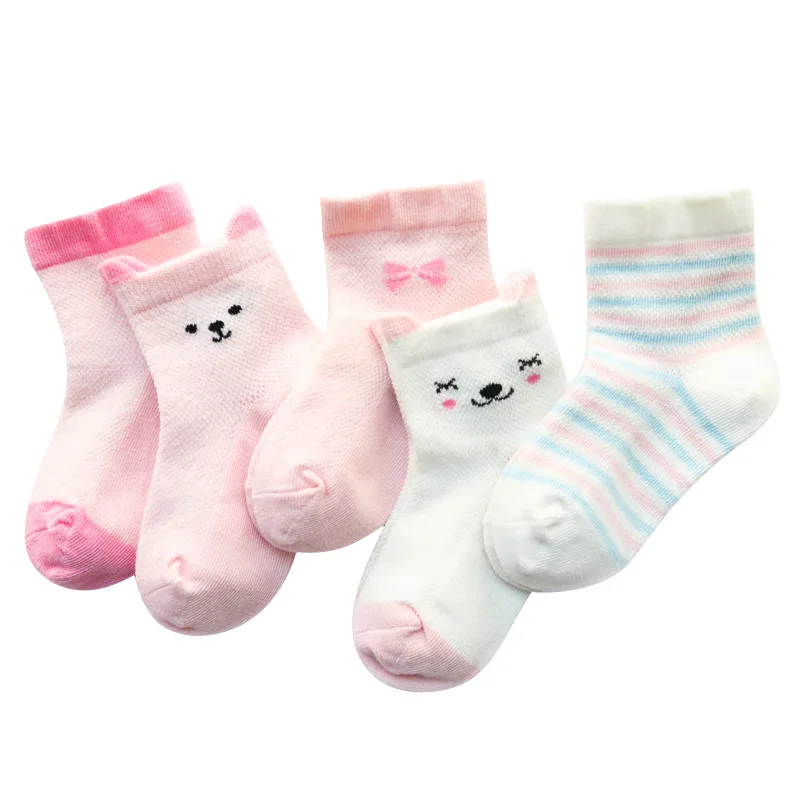 5 Pairs Summer Baby Cartoon Bear Mesh Cotton Socks Kids Boys Girls Breathable Cotton Thin Socks for Toddler 0-3 Years