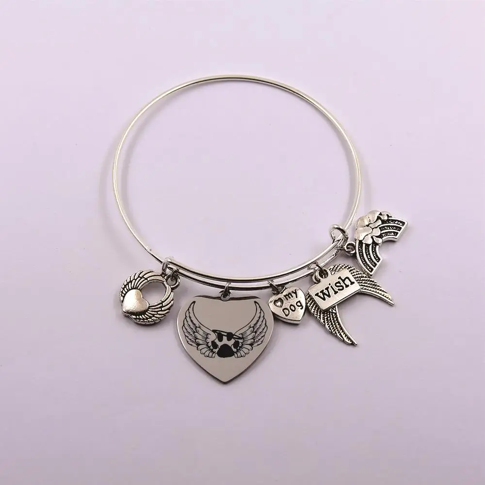 paw print with angel wings  dog angel pet loss pet owner memory  silver plated bangle gift for dog lover