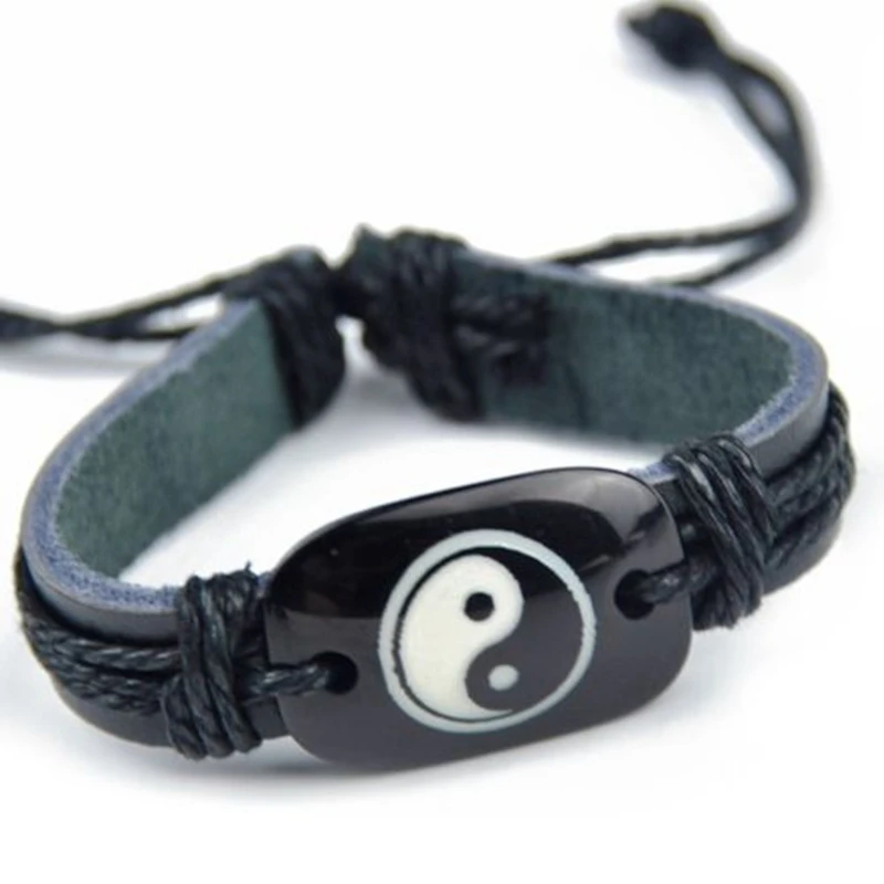 Cool Boy men women's Taoism Tai Chi Yin Yang Leather bracelets Adjustable hemp rope bangle gift yb08