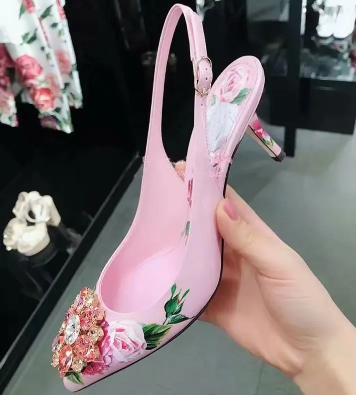 Pink Women 6cm High Heels Diamond Slingback Pumps Bling Rhinestone Floral Print Women Pumps Wedding Dress Pumps Zapatos Mujer