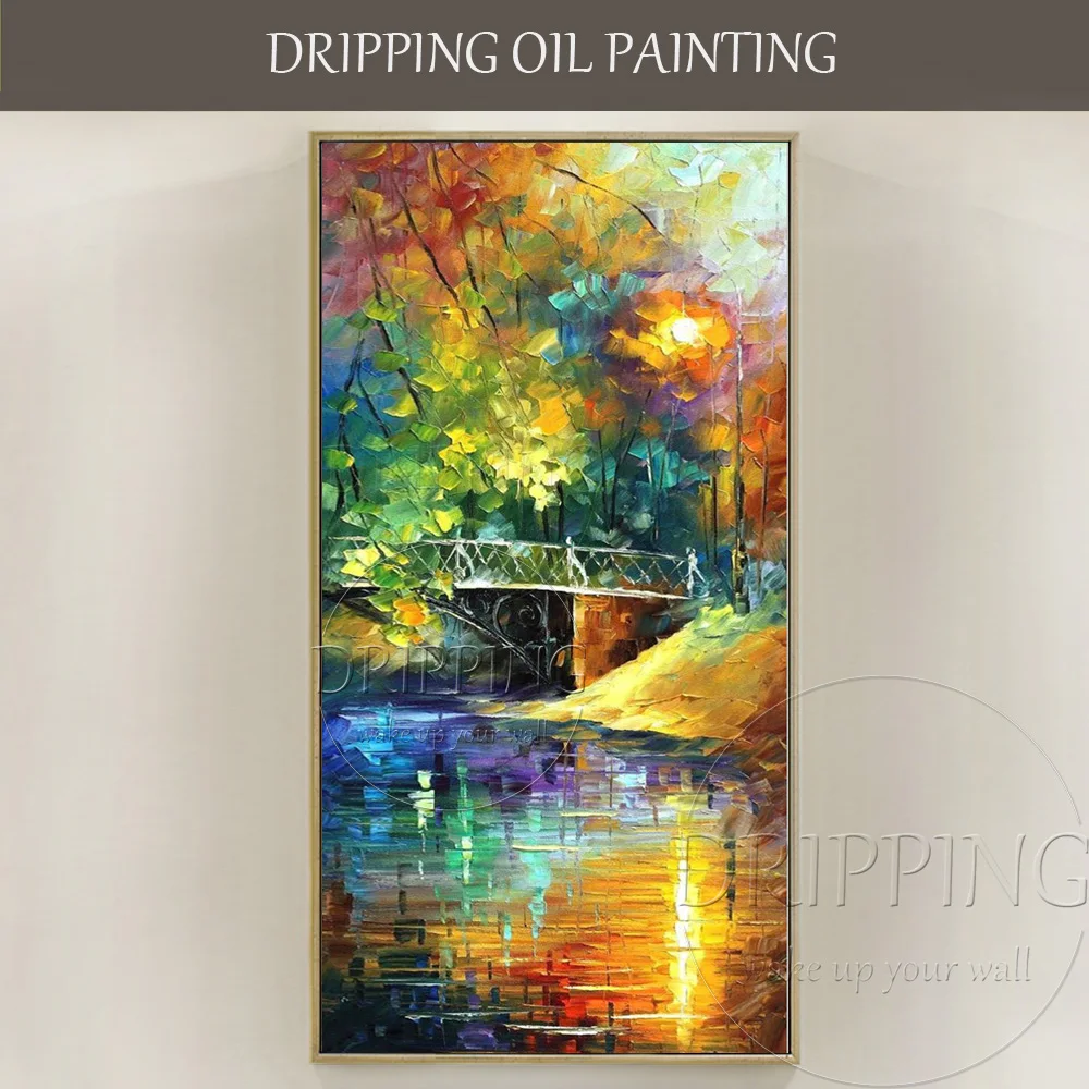 

Vivid Colors Wall Artwork Hand-painted Abstract Palette Knife Bridge Oil Painting on Canvas Abstract Landscape Lake Oil Painting