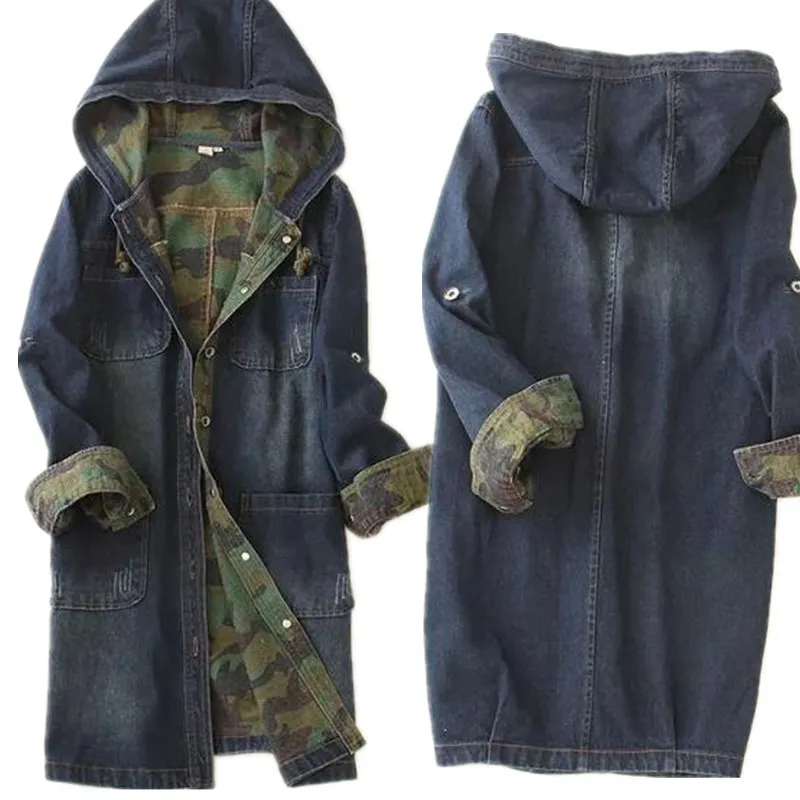 

Single-breasted long denim hooded jacket camouflage high quality women denim jacket spell color