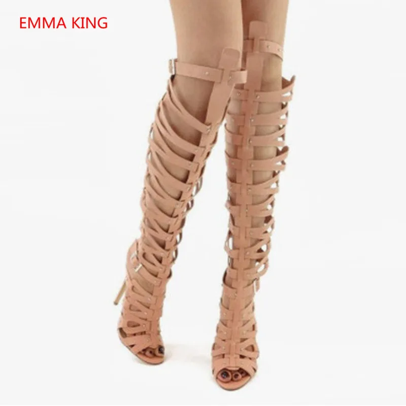 

Summer Fashion Women Over The Knee Sandals Boots Hollow Peep Toe Thin High Heels Shoes Buckle Strap Woman Gladiator Sandals