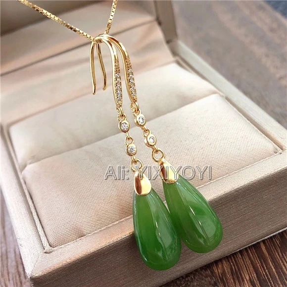 Beautiful 925 Silver Green HeTian Jade Oval Dropping Beads Drop Dangle Gold Earrings Girl's Lucky Charm Ear Jewelry Certificate